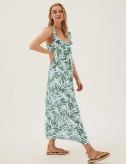 Buy ✔️ M&S Collection 👗 Dresses Printed Ruffle V-Neck Midi Slip 👗 Dress 🎉 -New In Womens Sales 2022 SD 01 T42 7329 KA X EC 2