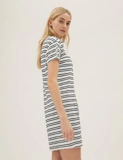 Coupon 🛒 M&S Collection 👗 Dresses Pure Cotton Striped T-Shirt 👗 Dress 🌟 -New In Womens Sales 2022 SD 01 T42 7347 Y8 X EC 1