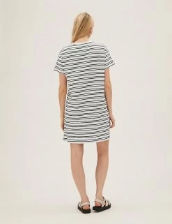 Coupon 🛒 M&S Collection 👗 Dresses Pure Cotton Striped T-Shirt 👗 Dress 🌟 -New In Womens Sales 2022 SD 01 T42 7347 Y8 X EC 3