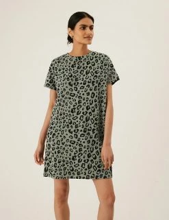 Promo 🔔 M&S Collection 👗 Dresses Pure Cotton Animal Print Mini T-Shirt 👗 Dress ✔️ -New In Womens Sales 2022 SD 01 T42 7376 J4 X EC 2