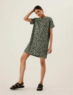 Promo 🔔 M&S Collection 👗 Dresses Pure Cotton Animal Print Mini T-Shirt 👗 Dress ✔️ -New In Womens Sales 2022 SD 01 T42 7376 J4 X EC 4