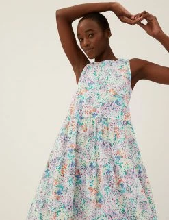 Buy 🔥 M&S Collection 👗 Dresses Pure Cotton Floral Midaxi Tiered 👗 Dress 🎁
