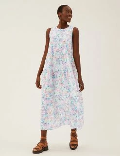Buy 🔥 M&S Collection 👗 Dresses Pure Cotton Floral Midaxi Tiered 👗 Dress 🎁 -New In Womens Sales 2022 SD 01 T42 7379 ZZ X EC 1