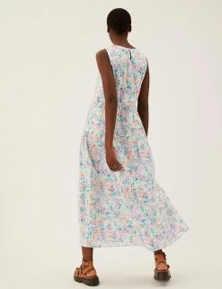 Buy 🔥 M&S Collection 👗 Dresses Pure Cotton Floral Midaxi Tiered 👗 Dress 🎁 -New In Womens Sales 2022 SD 01 T42 7379 ZZ X EC 3