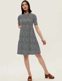 Buy ✔️ M&S Collection 👗 Dresses Jersey Printed Knee Length Tiered 👗 Dress 🥰 -New In Womens Sales 2022 SD 01 T42 7489 F4 X EC 1
