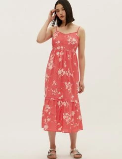 Best Sale ⌛ M&S Collection 👗 Dresses Pure Cotton Floral Midi Tiered 👗 Dress ❤️