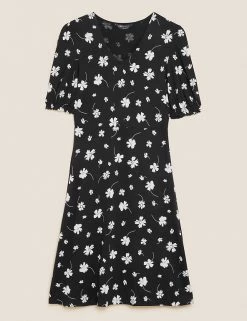 Best deal 😍 M&S Collection 👗 Dresses Jersey Floral Knee Length Skater 👗 Dress 💯