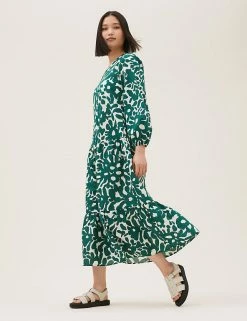 Discount 🤩 M&S Collection 👗 Dresses Pure Cotton Printed Midaxi Tiered 👗 Dress 👍