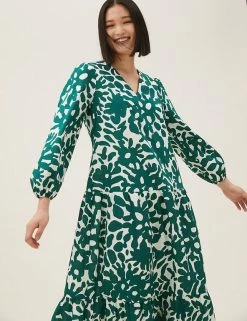Discount 🤩 M&S Collection 👗 Dresses Pure Cotton Printed Midaxi Tiered 👗 Dress 👍 -New In Womens Sales 2022 SD 01 T42 7615 J4 X EC 1