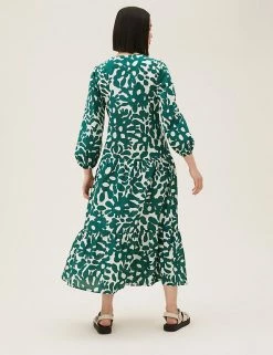 Discount 🤩 M&S Collection 👗 Dresses Pure Cotton Printed Midaxi Tiered 👗 Dress 👍 -New In Womens Sales 2022 SD 01 T42 7615 J4 X EC 3