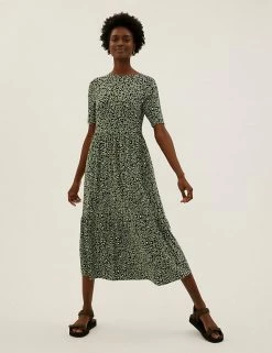 Brand new 🎁 M&S Collection 👗 Dresses Animal Print Tiered Midi 👗 Dress ✔️ -New In Womens Sales 2022 SD 01 T42 7617 KA X EC 1