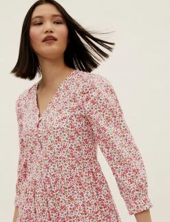 Discount 🌟 M&S Collection 👗 Dresses Pure Cotton Ditsy Floral Midi Relaxed 👗 Dress ✔️ -New In Womens Sales 2022 SD 01 T42 7642 A4 X EC 4