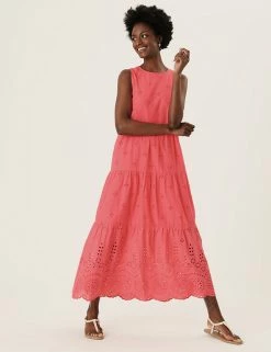 Brand new ✔️ M&S Collection 👗 Dresses Pure Cotton Broderie Midaxi Tiered 👗 Dress 👍 -New In Womens Sales 2022 SD 01 T42 7733 CJ X EC 3