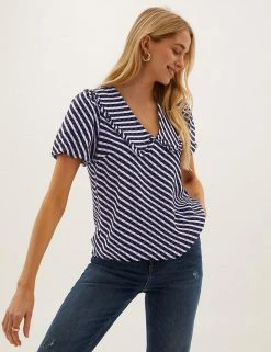 New 🥰 M&S Collection Tops Checked Collared V-Neck Short Sleeve Top 😉