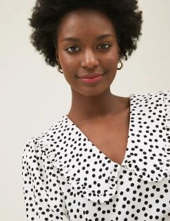 Cheapest ❤️ M&S Collection Tops Polka Dot Collared V-Neck Short Sleeve Top 🥰 -New In Womens Sales 2022 SD 01 T43 4357 Y8 X EC 1