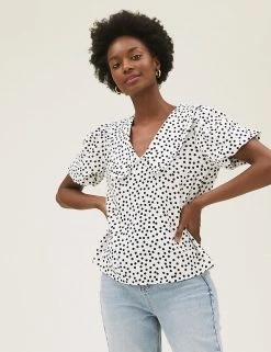 Cheapest ❤️ M&S Collection Tops Polka Dot Collared V-Neck Short Sleeve Top 🥰 -New In Womens Sales 2022 SD 01 T43 4357 Y8 X EC 2