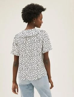 Cheapest ❤️ M&S Collection Tops Polka Dot Collared V-Neck Short Sleeve Top 🥰 -New In Womens Sales 2022 SD 01 T43 4357 Y8 X EC 3