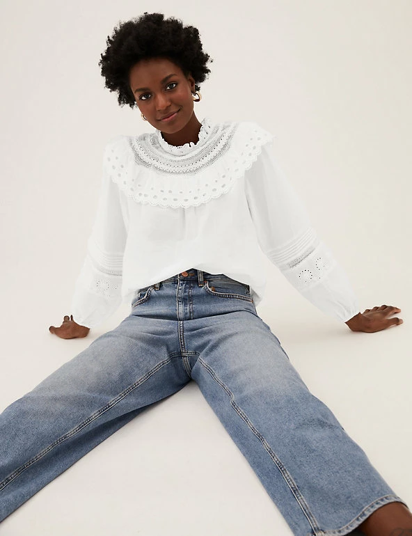 Cheapest π₯ M&S Collection Tops Pure Cotton Frill Neck Long Sleeve Top β¨ 1 Cheapest π₯ M&S Collection Tops Pure Cotton Frill Neck Long Sleeve Top β¨