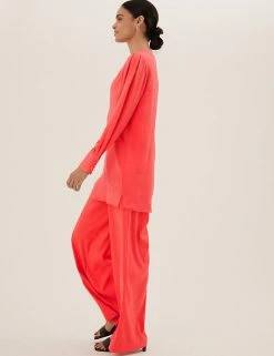 Buy ⭐ M&S Collection Tops Round Neck Longline Angel Sleeve Top 🎉 -New In Womens Sales 2022 SD 01 T43 4621X CG X EC 2