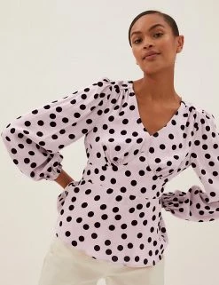 Best deal 🔥 M&S Collection Tops Polka Dot V-Neck Waisted Long Sleeve Top 😀