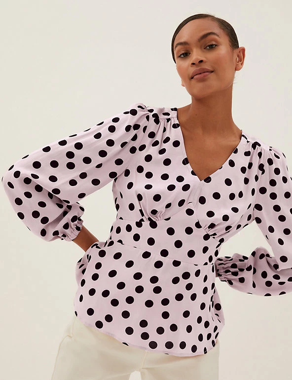 Best deal 🔥 M&S Collection Tops Polka Dot V-Neck Waisted Long Sleeve Top 😀 1 Best deal 🔥 M&S Collection Tops Polka Dot V-Neck Waisted Long Sleeve Top 😀