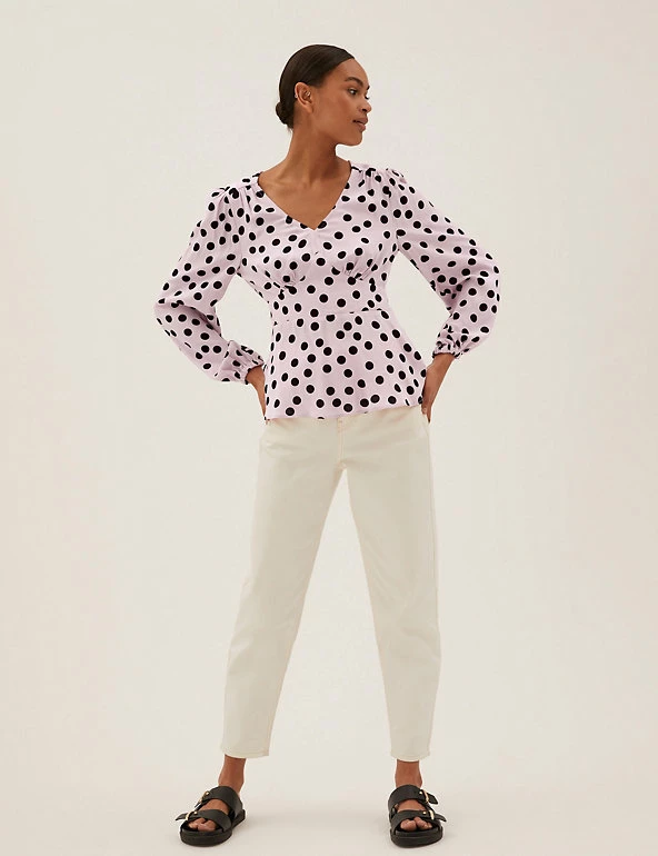Best deal 🔥 M&S Collection Tops Polka Dot V-Neck Waisted Long Sleeve Top 😀 3 Best deal 🔥 M&S Collection Tops Polka Dot V-Neck Waisted Long Sleeve Top 😀 - Image 3