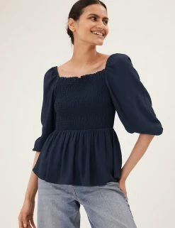 Discount ⭐ M&S Collection 👚 Shirts & Blouses Square Neck Smocked 3/4 Sleeve Blouse 💯