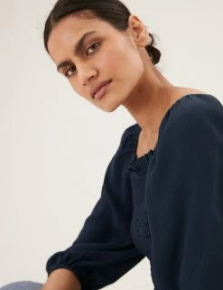 Discount ⭐ M&S Collection 👚 Shirts & Blouses Square Neck Smocked 3/4 Sleeve Blouse 💯 -New In Womens Sales 2022 SD 01 T43 5228 F0 X EC 1