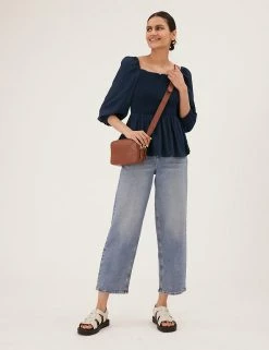 Discount ⭐ M&S Collection 👚 Shirts & Blouses Square Neck Smocked 3/4 Sleeve Blouse 💯 -New In Womens Sales 2022 SD 01 T43 5228 F0 X EC 2