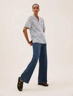 Deals 🤩 M&S Collection 👕 Shirts & Blouses Pure Cotton Striped Short Sleeve Blouse ❤️ -New In Womens Sales 2022 SD 01 T43 5281 Y4 X EC 1