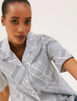 Deals 🤩 M&S Collection 👕 Shirts & Blouses Pure Cotton Striped Short Sleeve Blouse ❤️ -New In Womens Sales 2022 SD 01 T43 5281 Y4 X EC 2