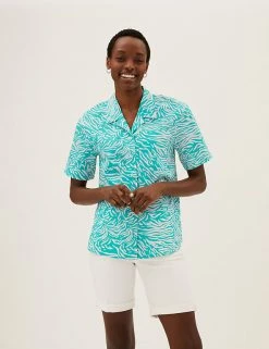 Buy 🔥 M&S Collection 👕 Shirts & Blouses Pure Cotton Animal Print Collared Blouse 👏 -New In Womens Sales 2022 SD 01 T43 5312 J4 X EC 3