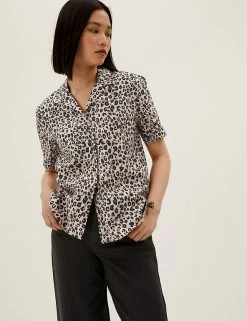 Buy 🔥 M&S Collection 👕 Shirts & Blouses Pure Cotton Animal Print Collared Blouse 👏 -New In Womens Sales 2022 SD 01 T43 5312 N4 X EC 1