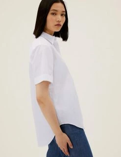Hot Sale ⌛ M&S Collection 👚 Shirts & Blouses Pure Cotton Collared Short Sleeve 👚 Shirt 🛒 -New In Womens Sales 2022 SD 01 T43 5317 P6 X EC 2