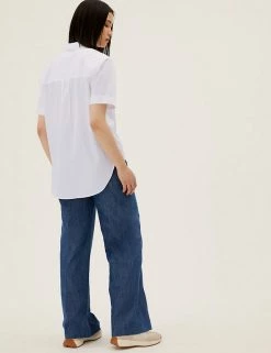 Hot Sale ⌛ M&S Collection 👚 Shirts & Blouses Pure Cotton Collared Short Sleeve 👚 Shirt 🛒 -New In Womens Sales 2022 SD 01 T43 5317 P6 X EC 3