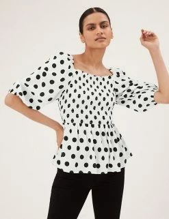 Budget ⌛ M&S Collection Women Polka Dot Square Neck 3/4 Sleeve Peplum Top 🤩