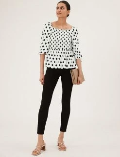 Budget ⌛ M&S Collection Women Polka Dot Square Neck 3/4 Sleeve Peplum Top 🤩 -New In Womens Sales 2022 SD 01 T43 5321 Y8 X EC 1