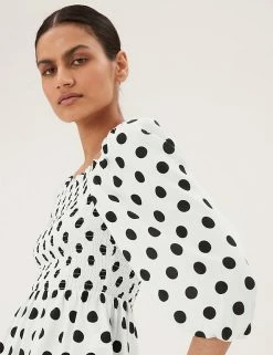 Budget ⌛ M&S Collection Women Polka Dot Square Neck 3/4 Sleeve Peplum Top 🤩 -New In Womens Sales 2022 SD 01 T43 5321 Y8 X EC 2