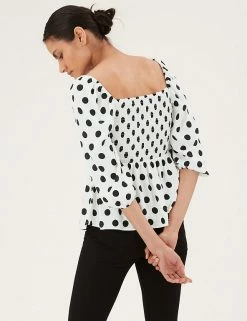 Budget ⌛ M&S Collection Women Polka Dot Square Neck 3/4 Sleeve Peplum Top 🤩 -New In Womens Sales 2022 SD 01 T43 5321 Y8 X EC 3
