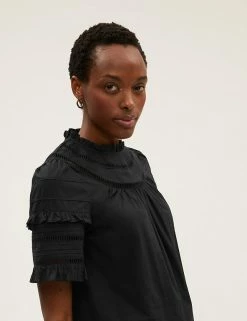 Hot Sale 🔥 M&S Collection Women Pure Cotton Frill Neck Short Sleeve Top 👏