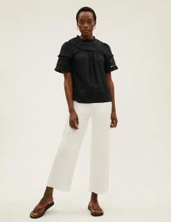 Hot Sale 🔥 M&S Collection Women Pure Cotton Frill Neck Short Sleeve Top 👏 -New In Womens Sales 2022 SD 01 T43 5325 Y0 X EC 1