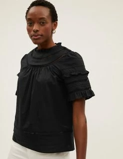 Hot Sale 🔥 M&S Collection Women Pure Cotton Frill Neck Short Sleeve Top 👏 -New In Womens Sales 2022 SD 01 T43 5325 Y0 X EC 2
