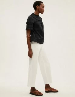 Hot Sale 🔥 M&S Collection Women Pure Cotton Frill Neck Short Sleeve Top 👏 -New In Womens Sales 2022 SD 01 T43 5325 Y0 X EC 3