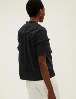 Hot Sale 🔥 M&S Collection Women Pure Cotton Frill Neck Short Sleeve Top 👏 -New In Womens Sales 2022 SD 01 T43 5325 Y0 X EC 4