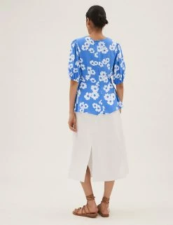 Top 10 🛒 M&S Collection Tops Floral Round Neck Puff Sleeve Top ⭐ -New In Womens Sales 2022 SD 01 T43 5362 E4 X EC 1