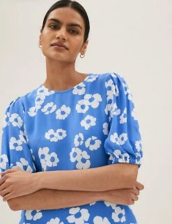 Top 10 🛒 M&S Collection Tops Floral Round Neck Puff Sleeve Top ⭐ -New In Womens Sales 2022 SD 01 T43 5362 E4 X EC 2