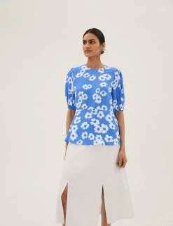 Top 10 🛒 M&S Collection Tops Floral Round Neck Puff Sleeve Top ⭐ -New In Womens Sales 2022 SD 01 T43 5362 E4 X EC 3