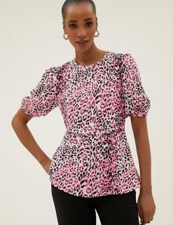 Promo ๐ M&S Collection Tops Animal Print Puff Sleeve Peplum Top ๐