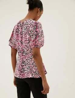 Promo 😀 M&S Collection Tops Animal Print Puff Sleeve Peplum Top 🎉 -New In Womens Sales 2022 SD 01 T43 5363 A4 X EC 2