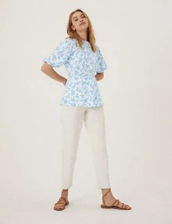 Cheap 👍 M&S Collection Tops Floral Round Neck Puff Sleeve Top 🛒 -New In Womens Sales 2022 SD 01 T43 5396 Z4 X EC 1